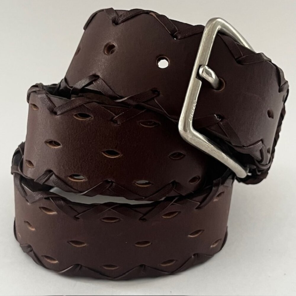 DKNY Dark Brown Braided Leather Belt with Silver Buckle